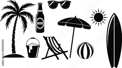 Set, of, summer, beach, icons, including, palm, tree, beer, sunglasses, umbrella, chair, sun, surfboard, and, ball, flat, vector, illustration, isolated