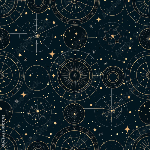 Seamless pattern with celestial elements stars and golden astronomical symbols