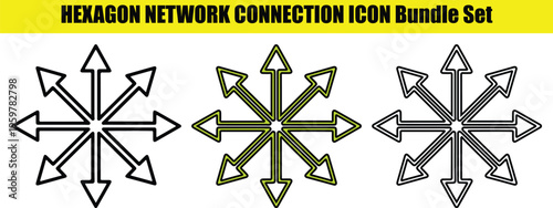 Hexagon network connection icons set with multiple arrows pointing outwards in different styles