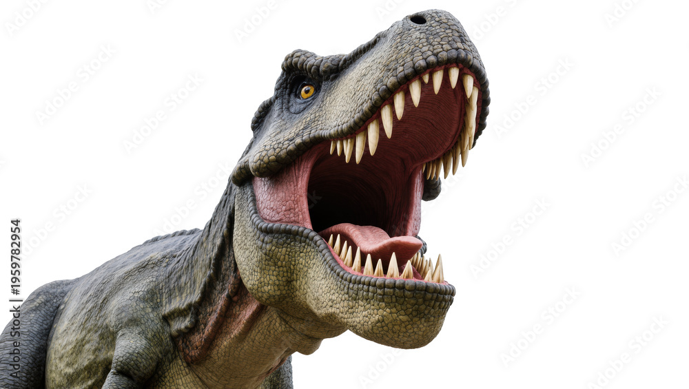 Fototapeta premium Imposing Tyrannosaurus Rex dinosaur roaring with mouth open, showcasing sharp teeth and tongue
