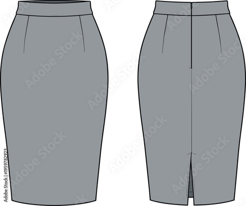 Classic high waist pencil skirt vector illustration, front and back view, tailored office style, modern women business fashion flat sketch, clothing template