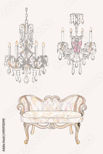Elegant chandeliers and a patterned settee in a sketched style