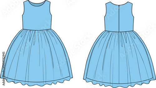 Cute sleeveless girls party dress vector illustration, front and back view, gathered skirt design, kids fashion flat sketch, clothing template