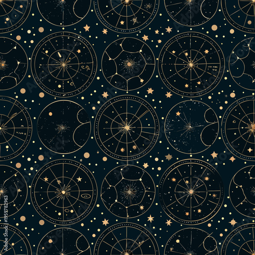 Seamless pattern of golden astronomical charts and celestial star constellations