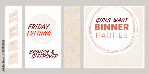 Four vertical panels with text and simple graphic elements in pastel tones