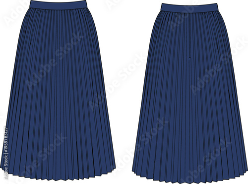 Elegant pleated midi skirt vector illustration, front and back view, classic high waist design, modern women fashion flat sketch, clothing template