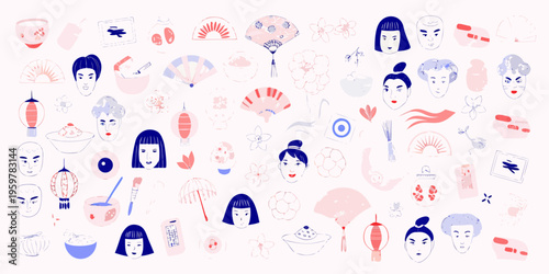 A colorful illustrated pattern of japanese culture and traditional motifs