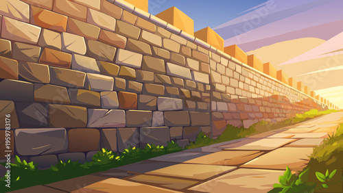 Ancient Stone Wall with Fortress Battlements and Paved Path, Flat Vector Illustration Background for History and Adventure Concept
