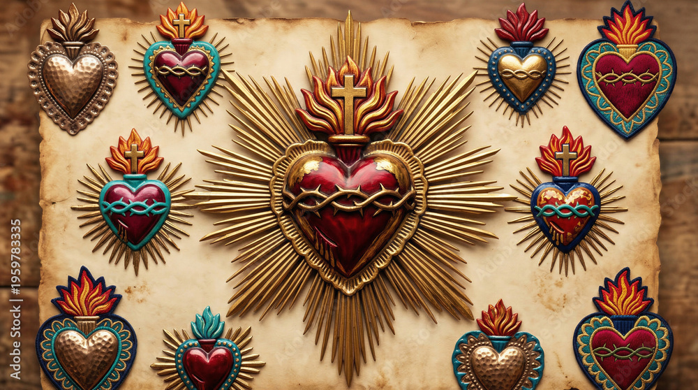 custom made wallpaper toronto digitalSacred heart milagros symbols arranged on vintage paper background