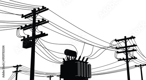 Silhouette of electrical power lines, utility poles and transformer against white background, representing energy distribution infrastructure and urban electricity network
