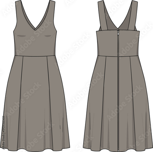 Elegant sleeveless V neck midi dress vector illustration, front and back view, fitted waist design, modern women fashion flat sketch, clothing template