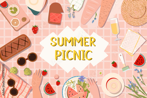 A colorful summer picnic spread with food drinks and accessories