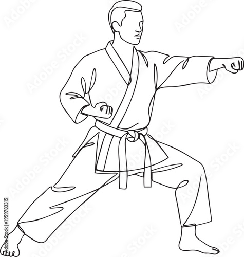 Karate fighter continuous line drawing, martial arts athlete vector, man in kimono punch