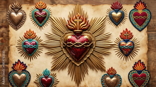 Wallpaper Mural Sacred heart milagros symbols arranged on vintage paper background Torontodigital.ca
