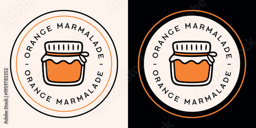 Orange marmalade logo homemade classic flavor label round sticker for artisanal glass jar packaging design. Natural fruit jelly jam spread retro vintage aesthetic black outline drawing illustration.