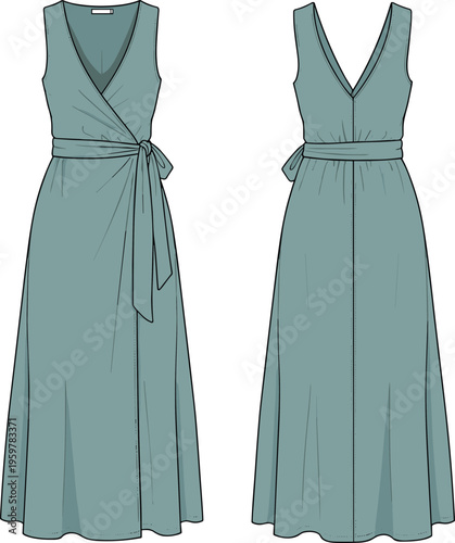 Elegant sleeveless wrap maxi dress vector illustration, front and back view, tied waist detail, modern women fashion flat sketch, clothing template