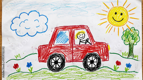 Wallpaper Mural Child drawing a red car with smiling sun Torontodigital.ca