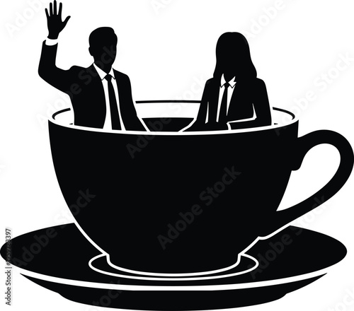 Business professional man and woman silhouettes sitting inside a giant coffee cup with saucer black and white vector illustration for office break.