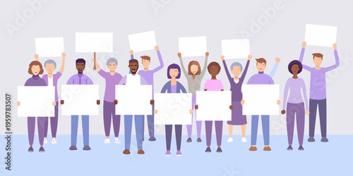 Diverse group of people holding blank signs in a unified stance