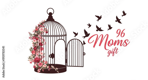 A beautiful vector graphic illustration of a birdcage with flowers and birds flying free, symbolizing freedom and gift ideas for mothers.