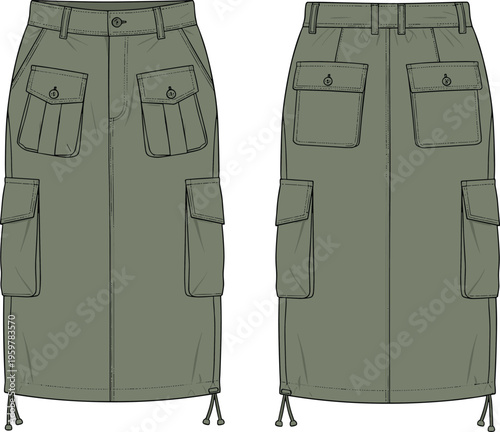 Utility cargo midi skirt vector illustration, front and back view, multiple pocket design, casual women fashion flat sketch, modern clothing template