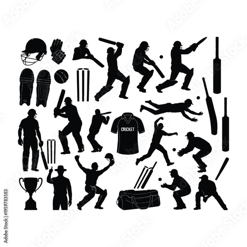 Cricket action silhouette collage