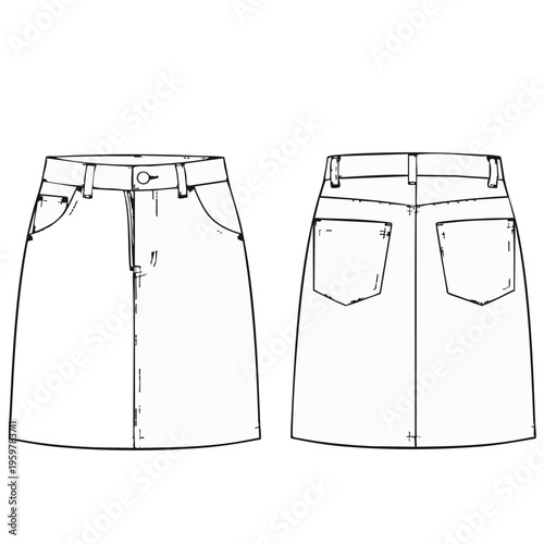 Technical drawing of a short skirt with belt and pockets