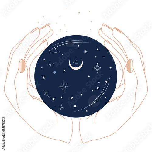Hands cradling a dark orb depicting a night sky with celestial elements