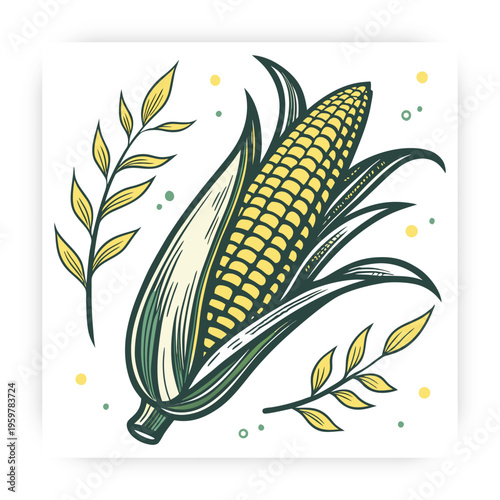 Hand Drawn Corn icon Vector Illustration, Fresh Maize Clipart, Organic Farm Vegetable Design Isolated on White Background.