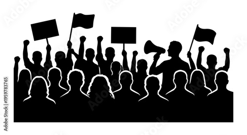 Protest Crowd Silhouette with Outline – Demonstration People, Raised Fists, Signs and Megaphone
