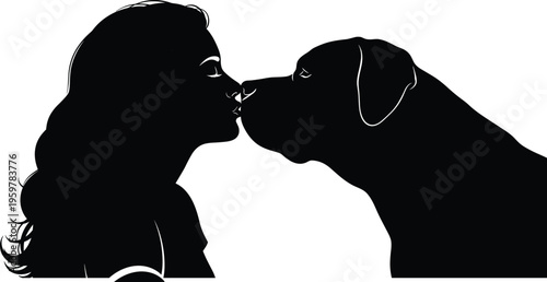 High quality black silhouette of a young woman with long hair kissing a large dog on the nose isolated on white background vector illustration