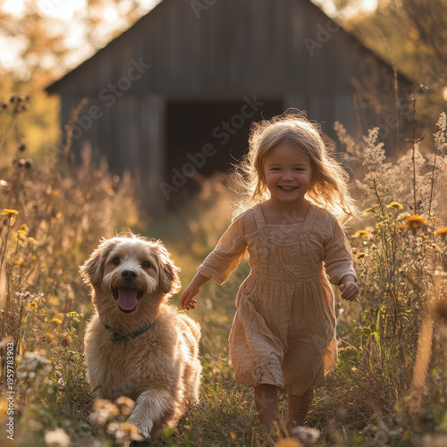 Little girl and dog running through a field.