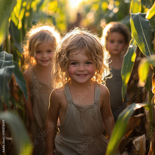 little girls playing in a corn field.