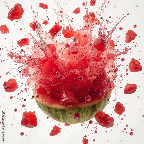 A watermelon explodes with juicy red chunks and ice cubes on transparent background