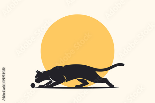 Black cat silhouette playing with a ball in front of a yellow sun