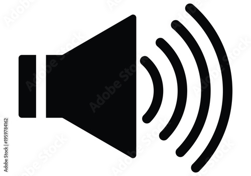 Black Speaker Icon with Sound Waves Symbol Representing High Volume Audio Communication and Media Broadcasting Isolated on a Clean White Background.