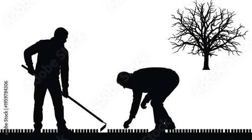 Silhouette of farmers planting seedling and cultivating soil with hoe in rural field under tree agriculture teamwork concept