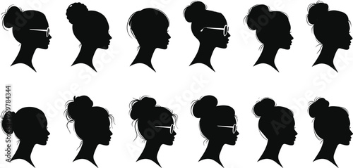 Set of Black Female Side Profile Silhouettes Featuring Various Messy Bun Hairstyles and Stylish Glasses Isolated on White Background for Elegant Graphic Design