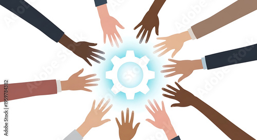 A diverse group of people putting their hands together around a glowing gear in a symbol of teamwork and collaboration