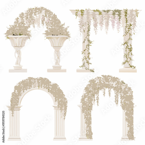 Elegant floral arches and urns decorative elements for celebrations