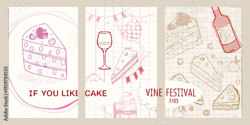 Three vertical panels showcase cakes wine and a festival theme