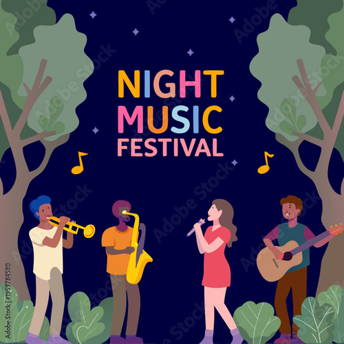 Night music festival featuring musicians performing under a starry dark sky