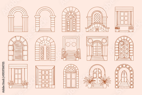 Collection of ornate linear doorway and archway illustrations in warm tones