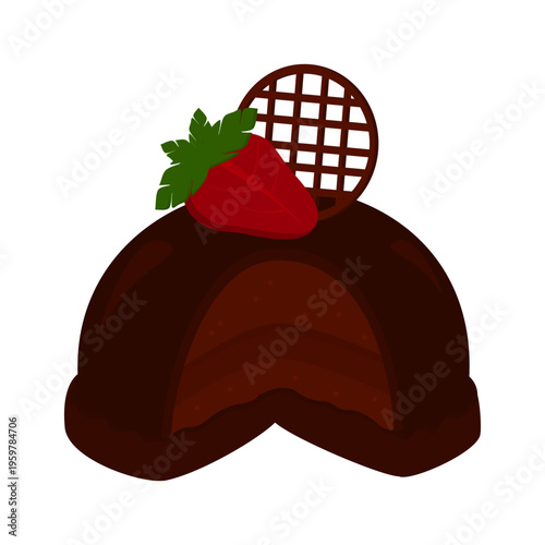 Flat Illustration of Chocolate Dome Tartufo Dessert with Strawberry and Wafer Topping, Rich Cocoa Cream Filling Sweet Food Icon Design