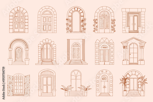 Collection of vintage architectural arched doorways in a minimalist style