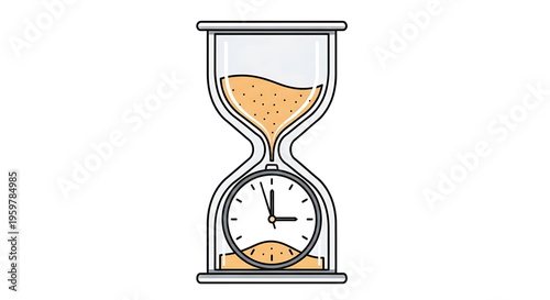 A minimalist vector graphic of an hourglass with a clock face integrated into its design, symbolizing time management and productivity.