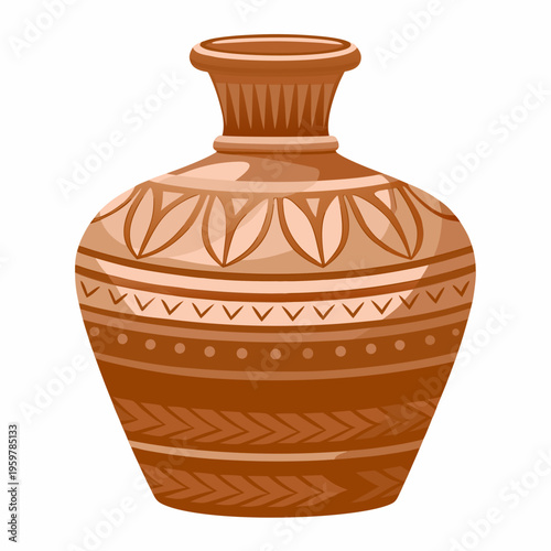 An ornate reddish brown ceramic vase with detailed geometric patterns