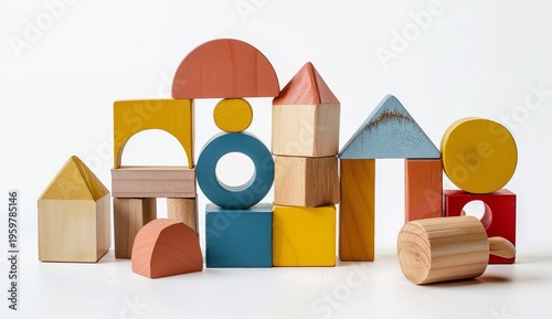 Wooden building blocks colorful shapes toy isolated white background simple clean arrangement learning play