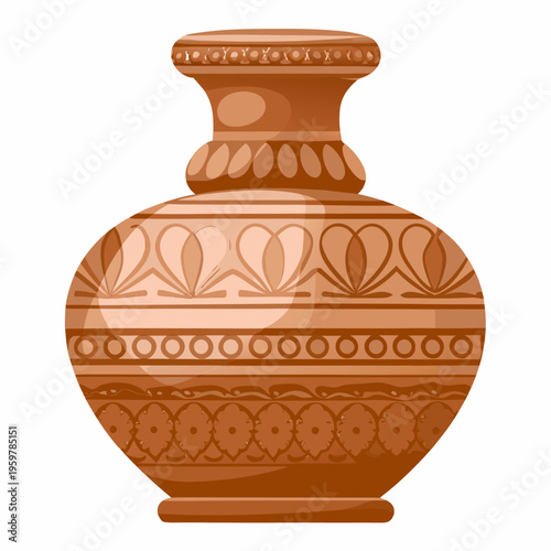 An ornate brown ceramic vase with detailed geometric and floral patterns