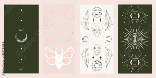 Mystical celestial and gothic elements arranged in a vertical composition